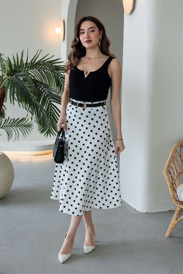 Puantiyeli Midi Boy Etek - BEYAZ