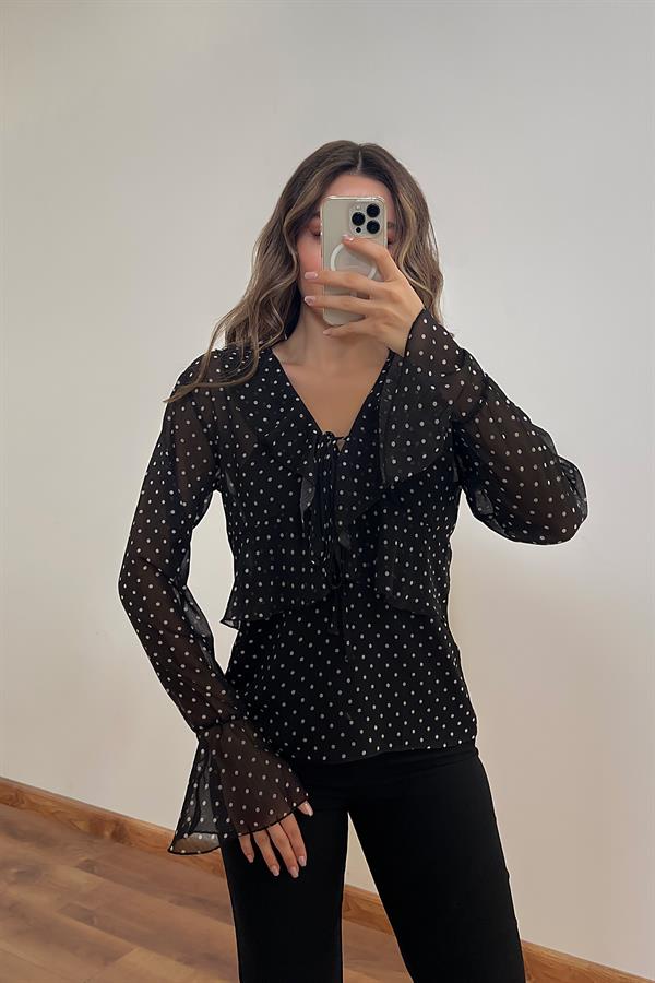 Puantiyeli Şifon Bluz - SİYAH