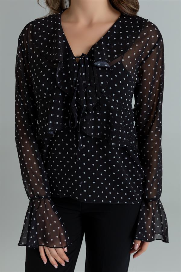 Puantiyeli Şifon Bluz - SİYAH