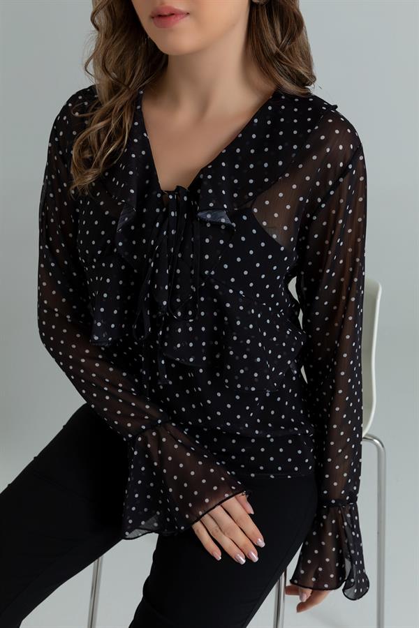 Puantiyeli Şifon Bluz - SİYAH