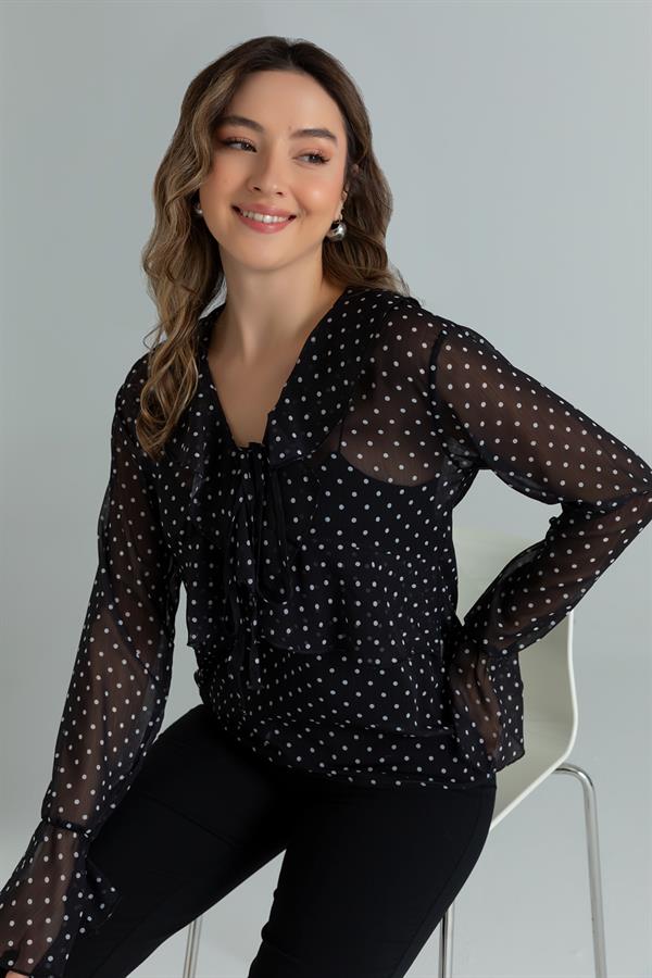 Puantiyeli Şifon Bluz - SİYAH