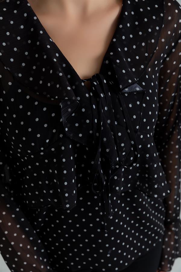 Puantiyeli Şifon Bluz - SİYAH