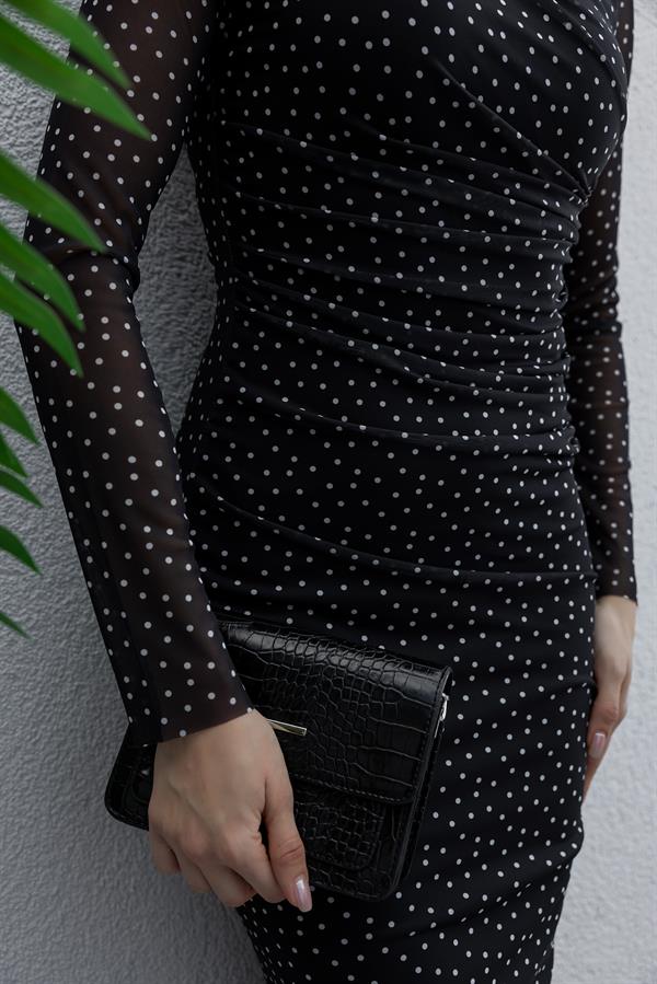 Puantiyeli Tül Elbise - SİYAH