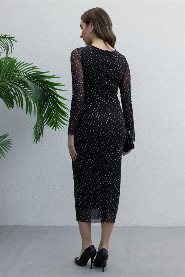 Puantiyeli Tül Elbise - SİYAH