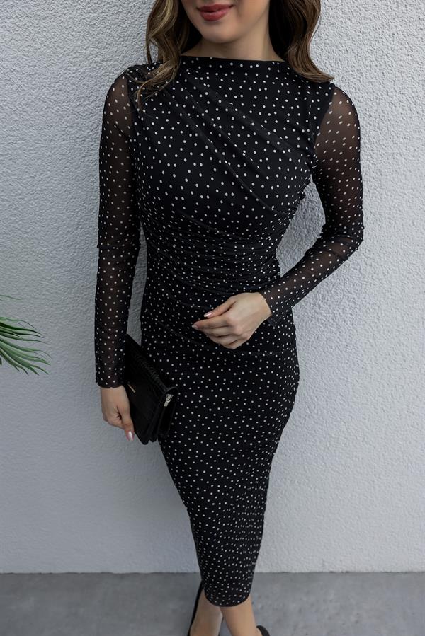 Puantiyeli Tül Elbise - SİYAH