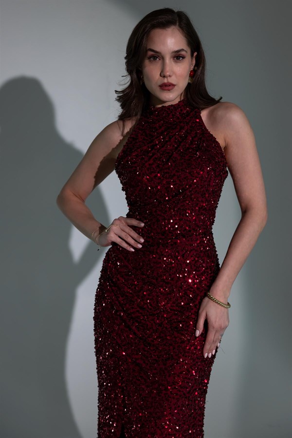 Pul İşlemeli Balık Abiye - BORDO