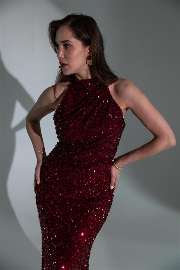 Pul İşlemeli Balık Abiye - BORDO