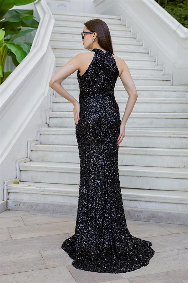 Pul İşlemeli Balık Abiye - SİYAH