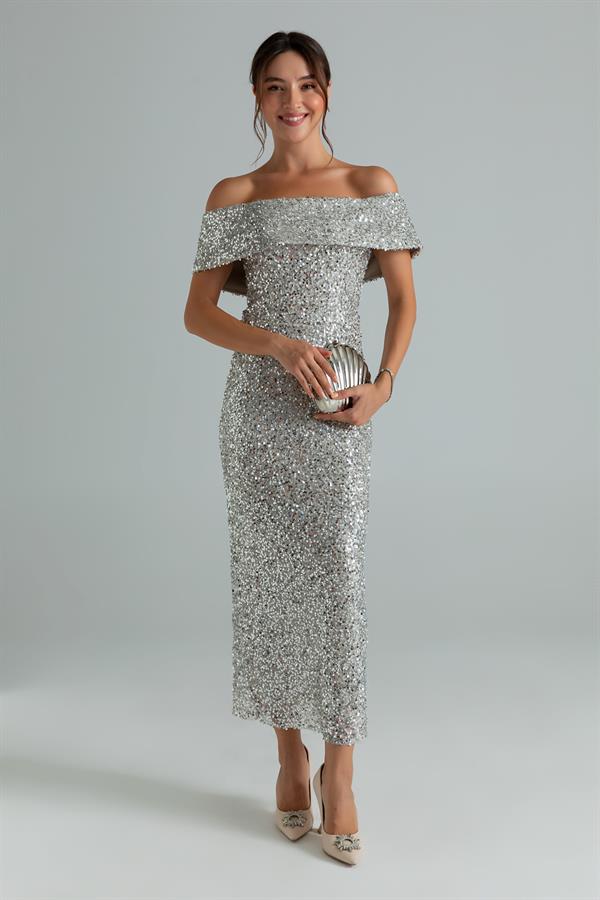 Pul İşlemeli Kalem Abiye - GÜMÜŞ