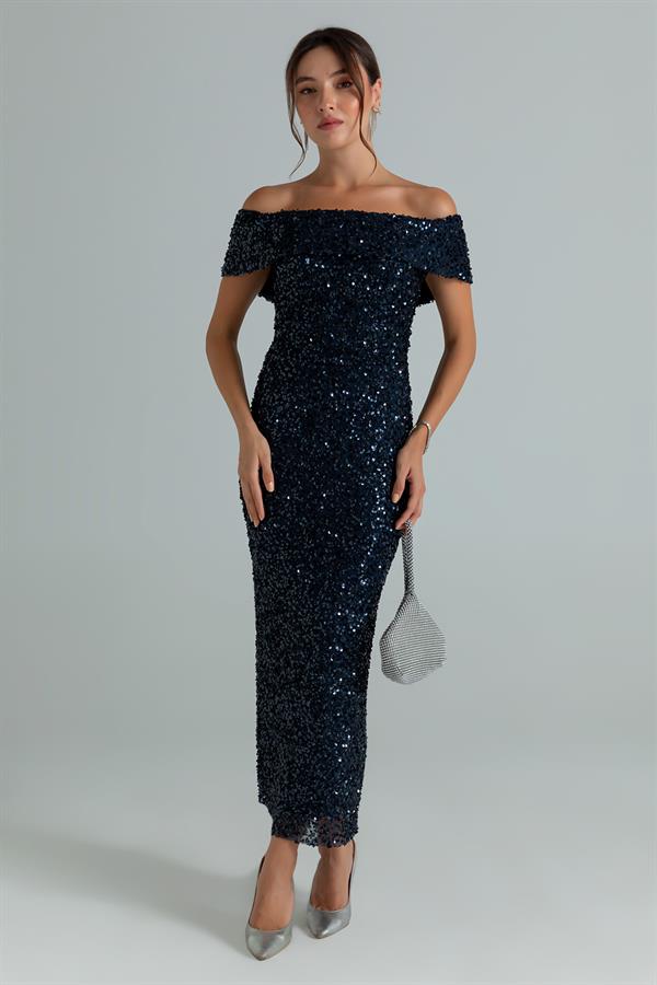 Pul İşlemeli Kalem Abiye - LACİVERT