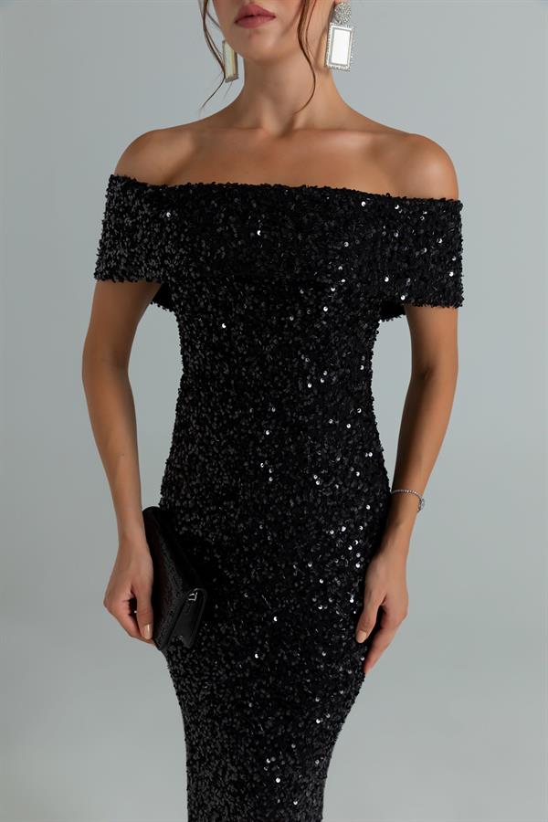 Pul İşlemeli Kalem Abiye - SİYAH