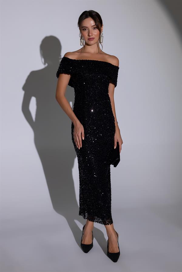 Pul İşlemeli Kalem Abiye - SİYAH