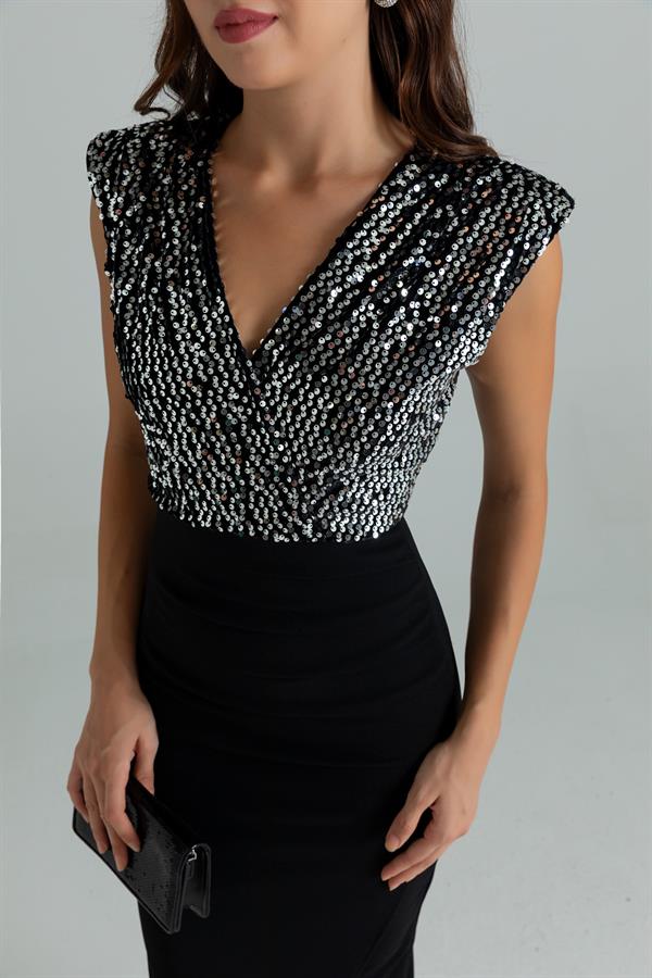 Pul İşlemeli Kalem Elbise - GÜMÜŞ