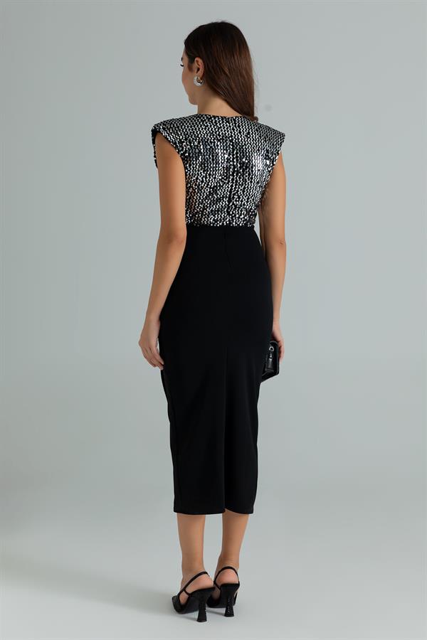 Pul İşlemeli Kalem Elbise - GÜMÜŞ