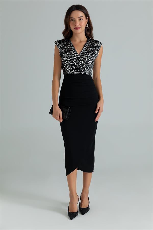 Pul İşlemeli Kalem Elbise - GÜMÜŞ