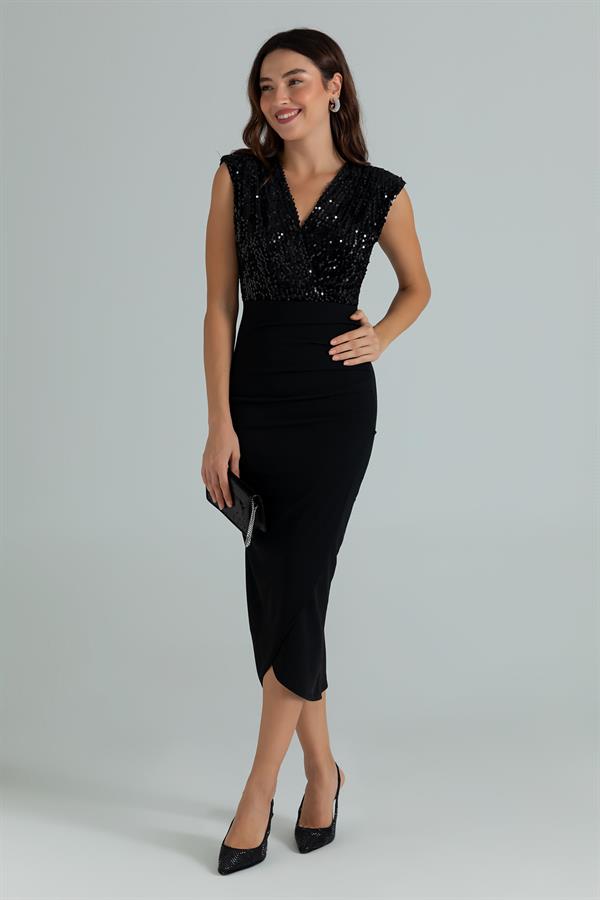 Pul İşlemeli Kalem Elbise - SİYAH