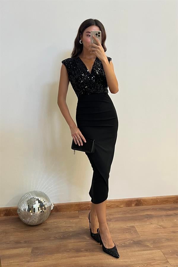 Pul İşlemeli Kalem Elbise - SİYAH