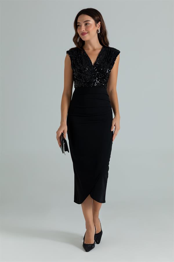 Pul İşlemeli Kalem Elbise - SİYAH