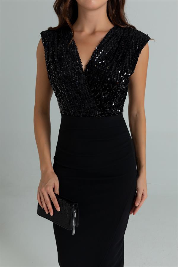 Pul İşlemeli Kalem Elbise - SİYAH