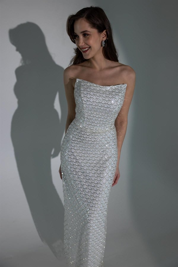 Pul İşlemeli Straplez Abiye - BEYAZ