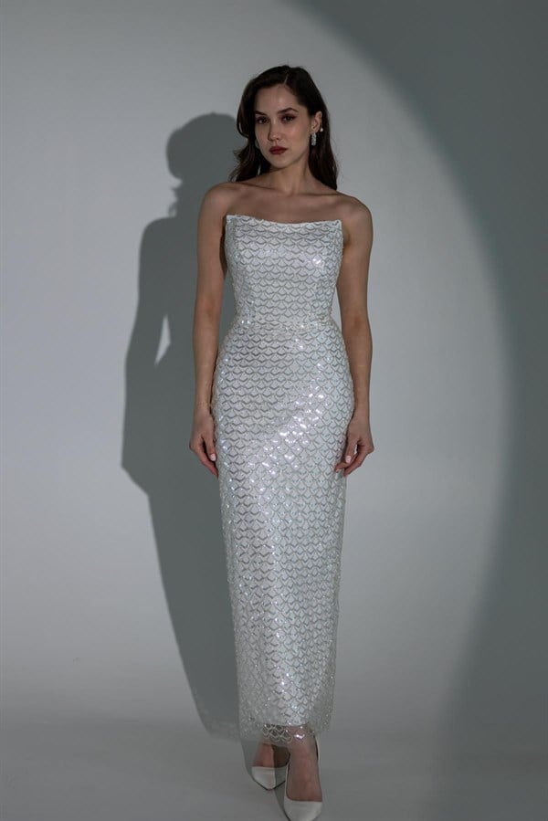 Pul İşlemeli Straplez Abiye - BEYAZ