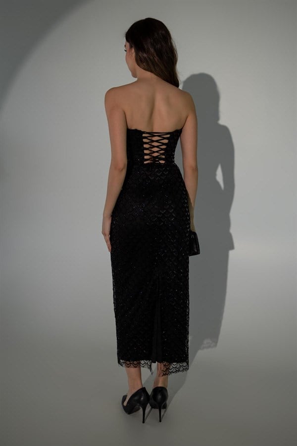 Pul İşlemeli Straplez Abiye - SİYAH