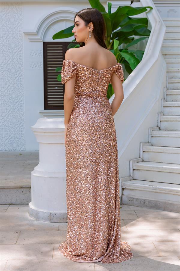 Pul İşlemeli Uzun Abiye - GOLD