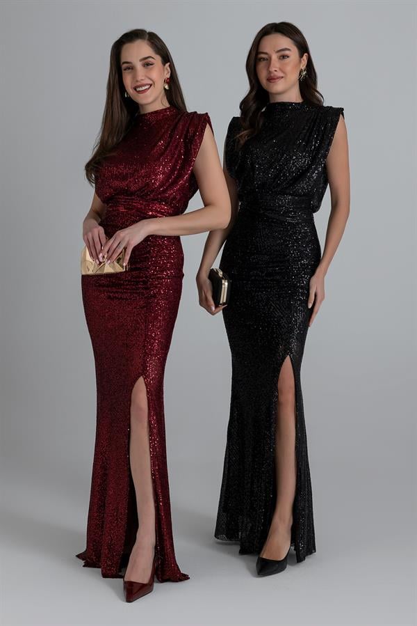 Belted Sequin Gown - Burgundy