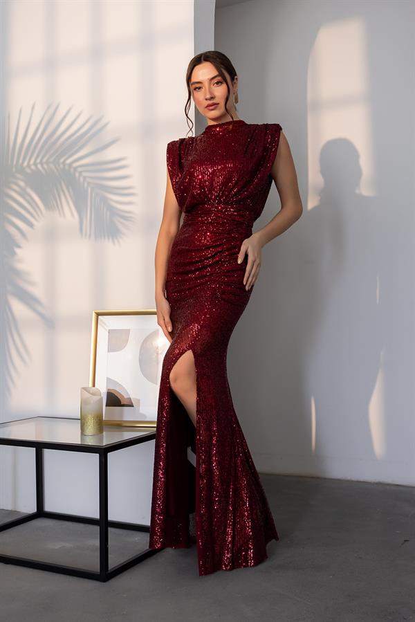 Belted Sequin Gown - Burgundy