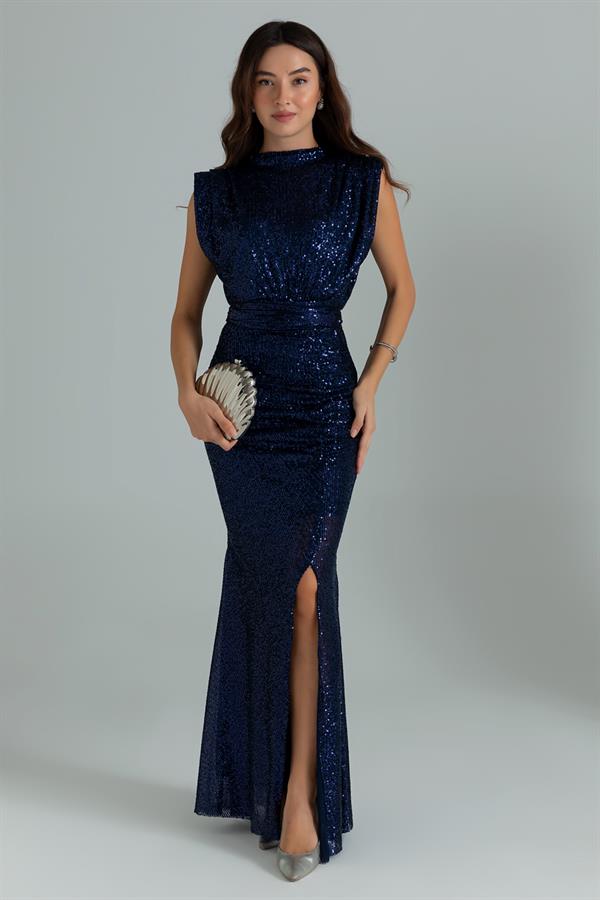 Pul Payetli Kuşaklı Abiye - LACİVERT