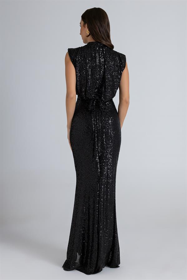 Belted Sequin Gown - Black