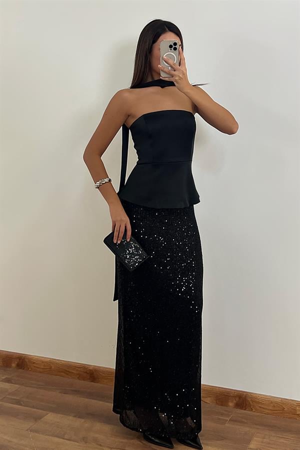 Pullu Saten Elbise - SİYAH