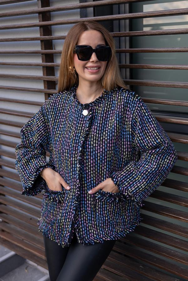 Püsküllü Tüvit Ceket - SİYAH