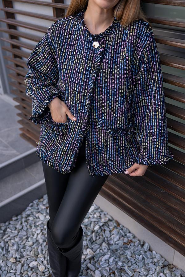 Püsküllü Tüvit Ceket - SİYAH