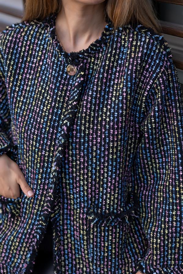 Püsküllü Tüvit Ceket - SİYAH