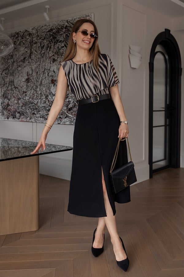 Şal Detaylı Elbise - SİYAH