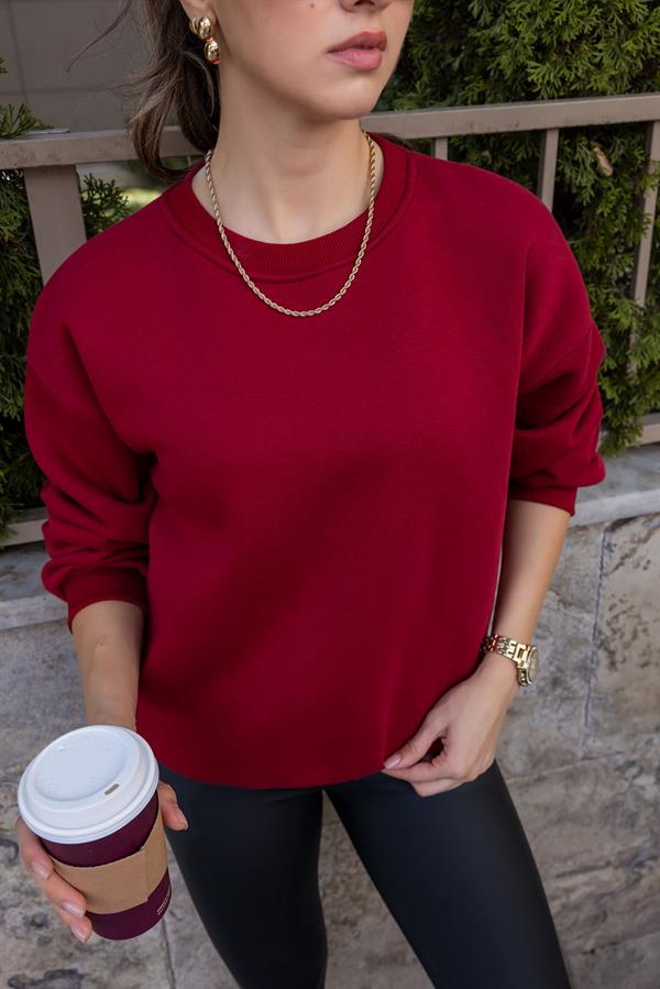 Şardonlu Bisiklet Yaka Sweat - BORDO