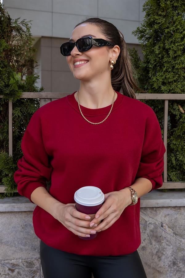 Şardonlu Bisiklet Yaka Sweat - BORDO