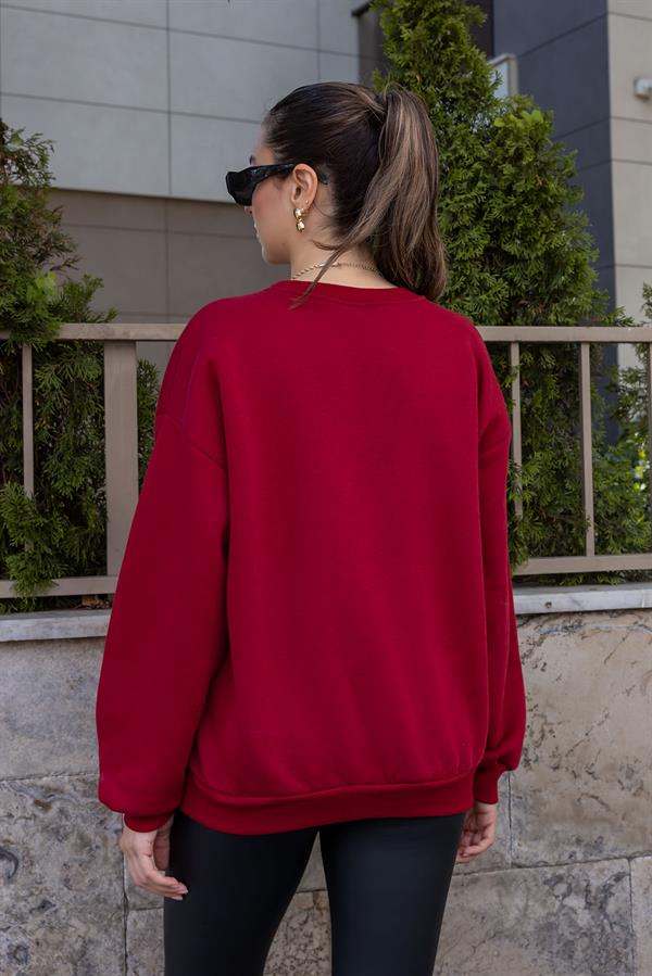 Şardonlu Bisiklet Yaka Sweat - BORDO