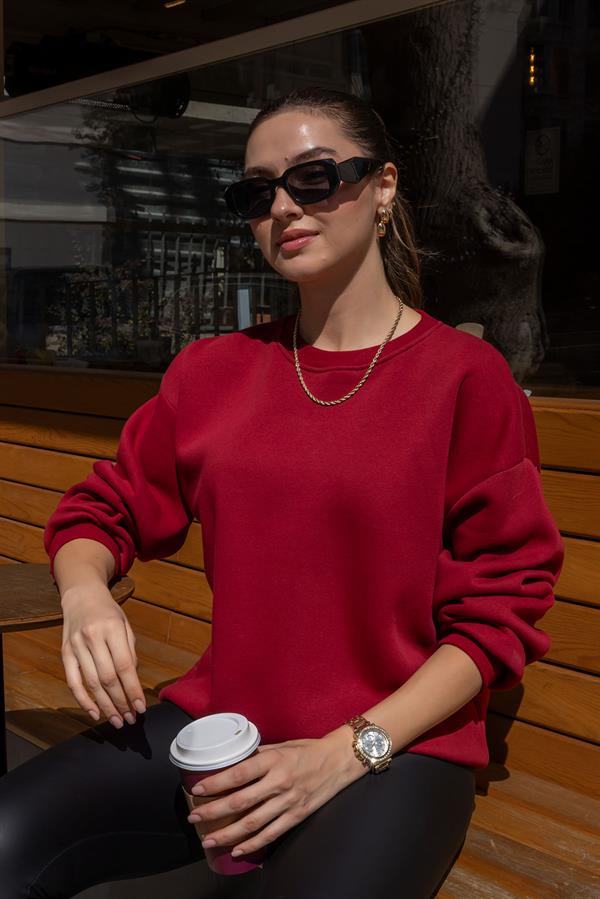 Şardonlu Bisiklet Yaka Sweat - BORDO