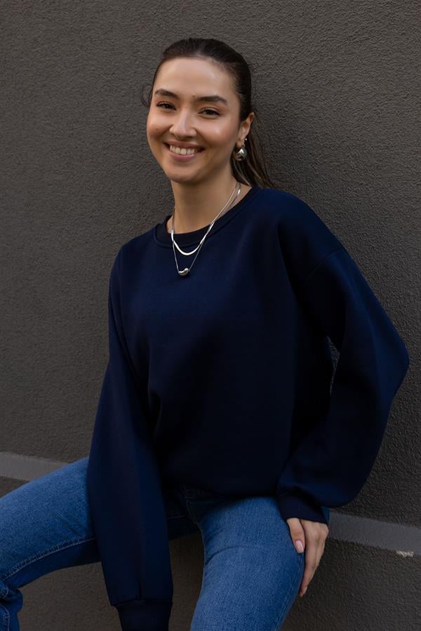 Şardonlu Bisiklet Yaka Sweat - LACİVERT