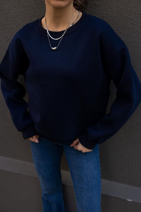 Şardonlu Bisiklet Yaka Sweat - LACİVERT