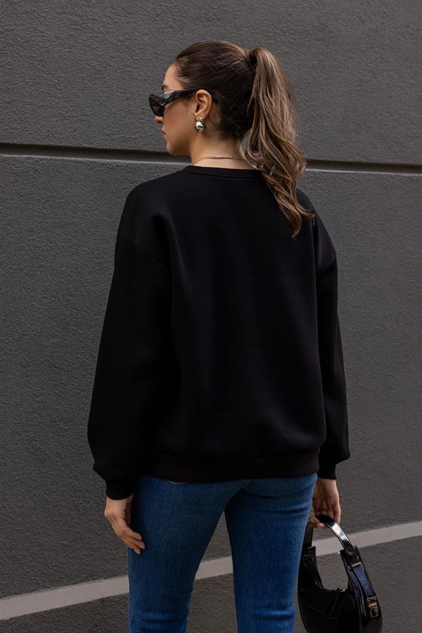 Şardonlu Bisiklet Yaka Sweat - SİYAH
