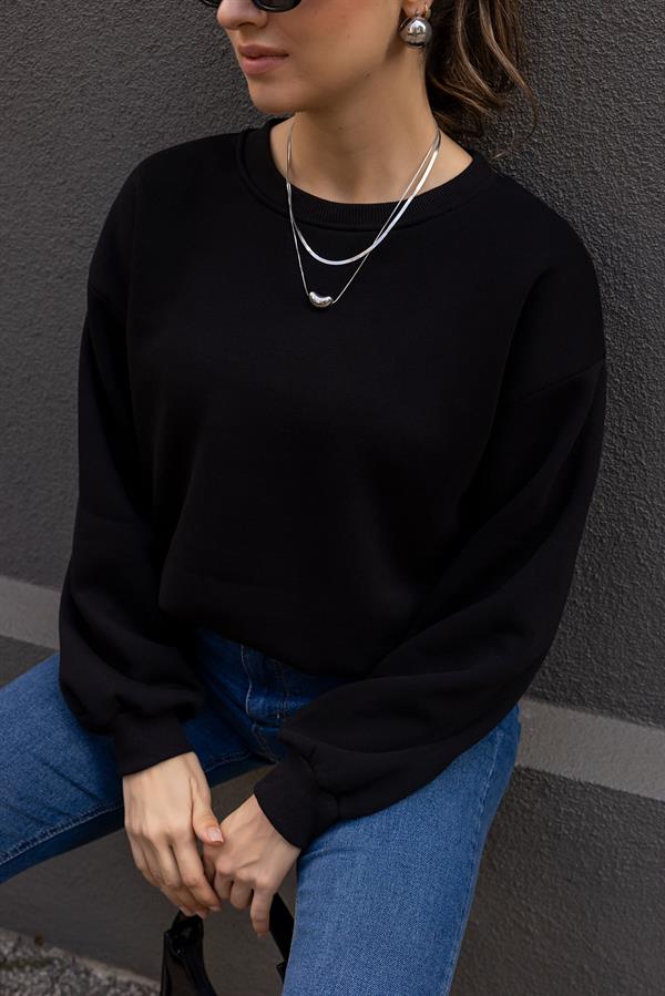 Şardonlu Bisiklet Yaka Sweat - SİYAH
