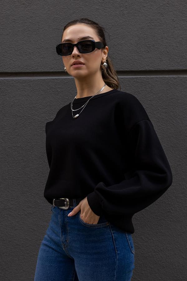 Şardonlu Bisiklet Yaka Sweat - SİYAH