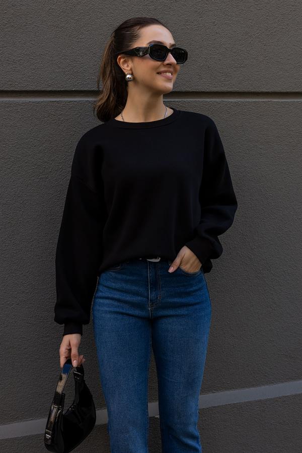Şardonlu Bisiklet Yaka Sweat - SİYAH