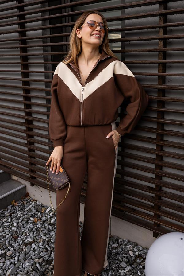 Şardonlu Dik Yaka Eşofman Takımı - KAHVERENGİ