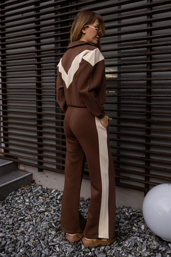 Şardonlu Dik Yaka Eşofman Takımı - KAHVERENGİ