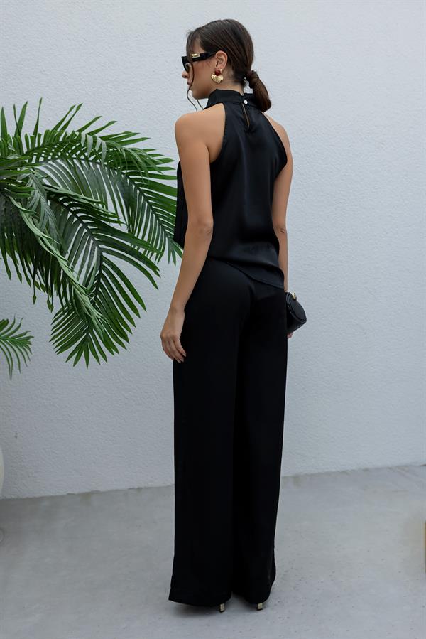 Saten Bluz Pantolon Takım - SİYAH