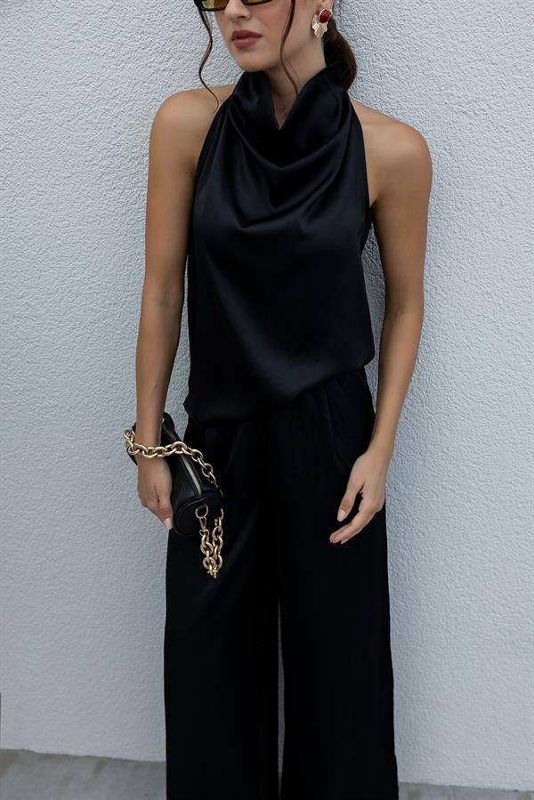 Saten Bluz Pantolon Takım - SİYAH